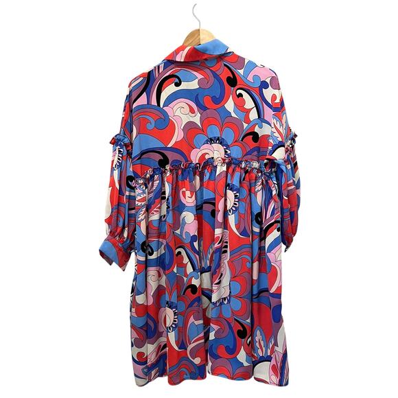BEULAH STYLE Midi Dress One Size Collared Button Up Ruffle Colorful Abstract - Picture 4 of 8
